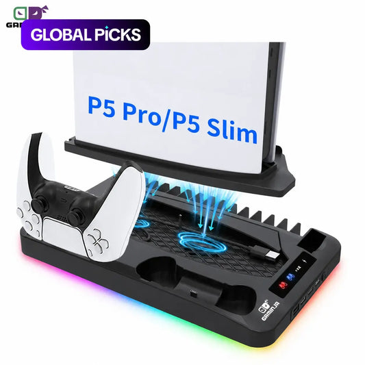 GAMINJA P58 Charging Base Cooling Bracket Compatible with PS5 Console, Vertical Stand Cooling Fan, Multi-Functional Cooling & Charging Station for PS5 Slim Pro All Model Universal #GLOBAL PICKS
