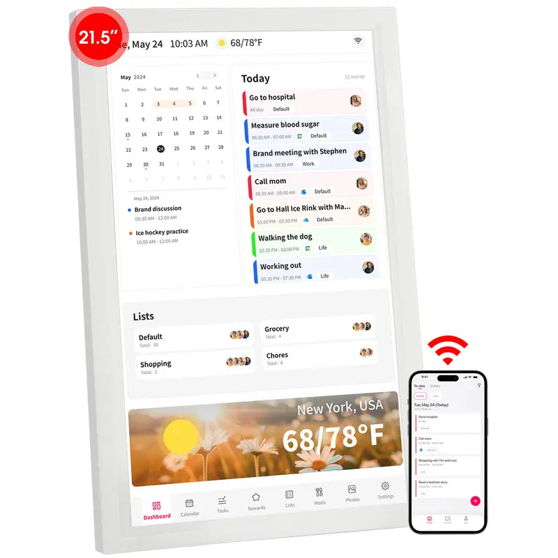 Smart Digital Wall Electronic Calendar - IPS HD Touchscreen, Weather Info, Bidirectional Operation, Color Differentiation, Customized Views, Family Dinner Plan Planner, Camera Accessory with Photo Frame Functionality