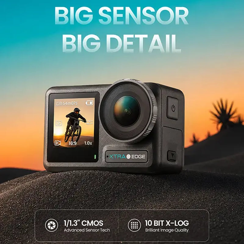 Xtra Edge Action Vlogging Camera - 1/1.3" Sensor, 4K Cinematic Recording, Hyper Stabilization, 52 Ft Waterproof, 3-Hour Battery, Universal Quick Mount, Protective Frame, Handheld Device for Content Creators, Adventure Photography