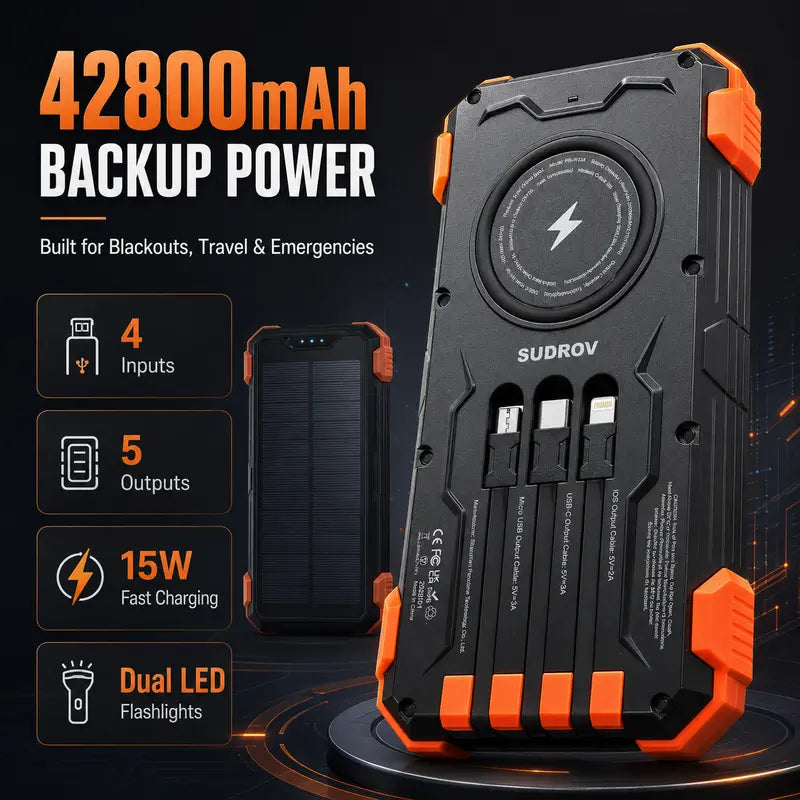 Sudrov 42800Mah Solar Rechargeable Battery Power Bank Charger - 15W Fast Boost, Built-In 4 Cables, 7 Outputs, 3 Inputs, Wireless Charging, Dustproof, Dual Flashlights, Carabiner, Thermometer for Smartphones & Phone Accessories (Tiktok Shop Back to School)