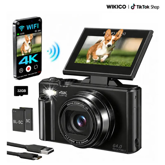 WIKICO Point and Shoot Digital Camera - 4K, 64MP, 3-Inch 180° Flip Screen, 18X Digital Zoom, 32GB Micro SD Card, 2 Batteries, Speaker, Lanyard, Vlogging Camera for Adults, Teen Boy Gift, BF Birthday Gifts