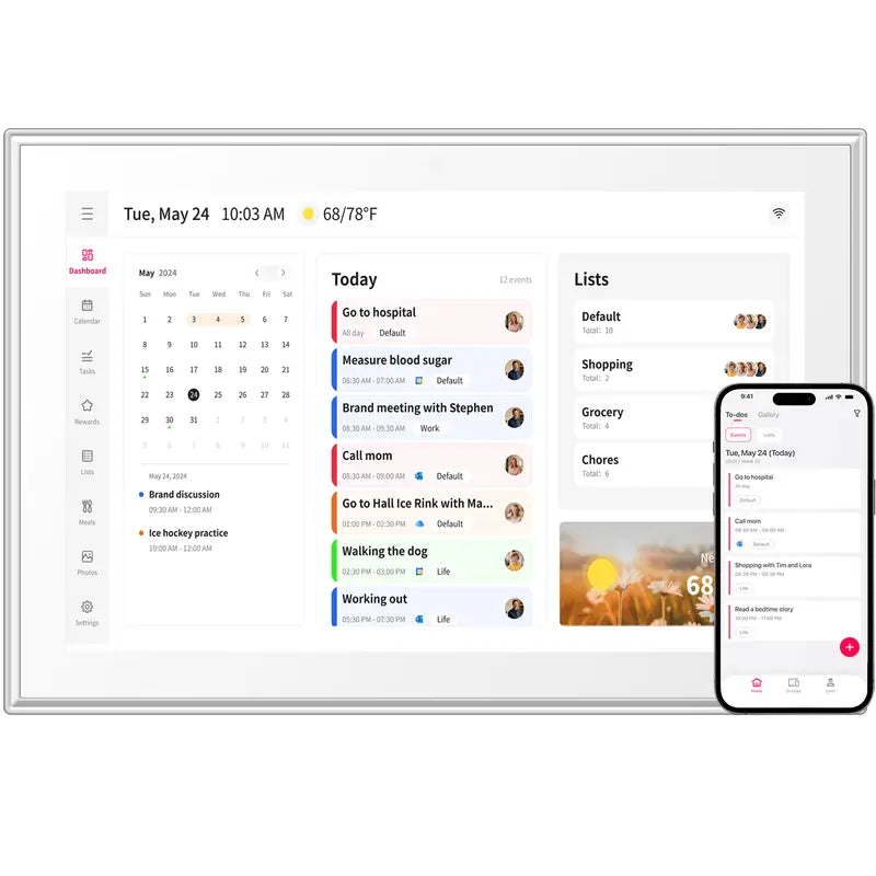 Smart Digital Wall Electronic Calendar - IPS HD Touchscreen, Weather Info, Bidirectional Operation, Color Differentiation, Customized Views, Family Dinner Plan Planner, Camera Accessory with Photo Frame Functionality