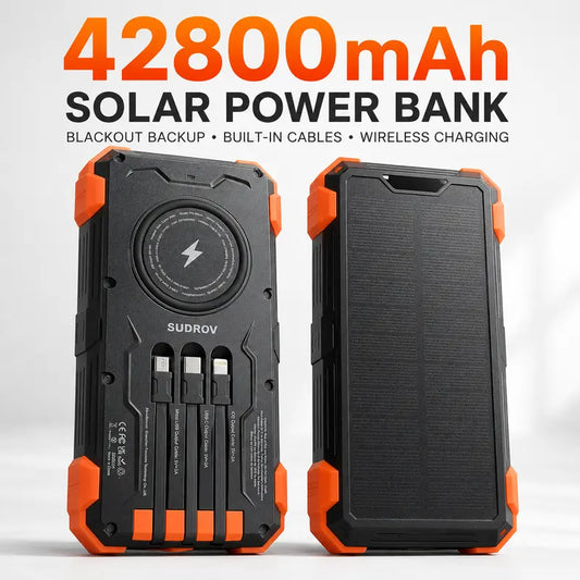 Sudrov 42800Mah Solar Rechargeable Battery Power Bank Charger - 15W Fast Boost, Built-In 4 Cables, 7 Outputs, 3 Inputs, Wireless Charging, Dustproof, Dual Flashlights, Carabiner, Thermometer for Smartphones & Phone Accessories (Tiktok Shop Back to School)