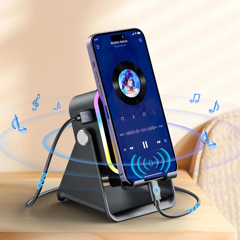 PUTARE Wireless Induction Audio Speaker Stand, 5In1 Cellphone Holder, 3500Mah Rechargeable Emergency Power Bank, 360° Adjustable Mobile Tablet Stand