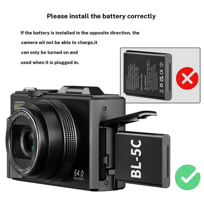 WIKICO Point and Shoot Digital Camera - 4K, 64MP, 3-Inch 180° Flip Screen, 18X Digital Zoom, 32GB Micro SD Card, 2 Batteries, Speaker, Lanyard, Vlogging Camera for Adults, Teen Boy Gift, BF Birthday Gifts