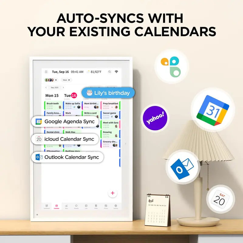 Smart Digital Wall Electronic Calendar - IPS HD Touchscreen, Weather Info, Bidirectional Operation, Color Differentiation, Customized Views, Family Dinner Plan Planner, Camera Accessory with Photo Frame Functionality