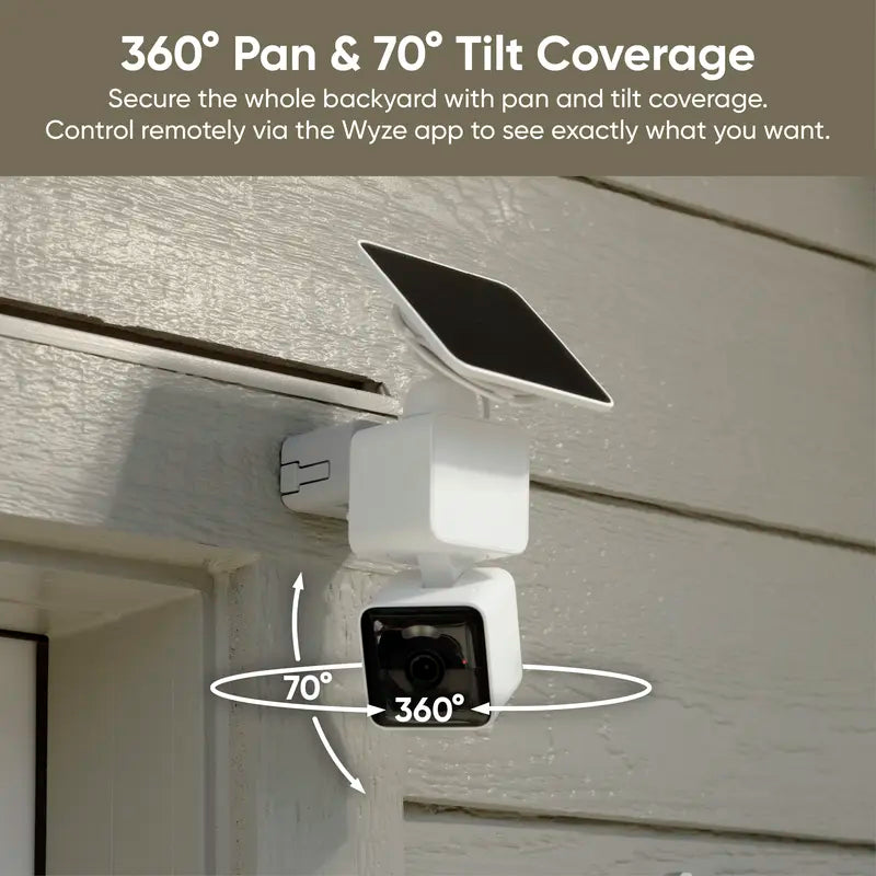 Wyze Solar Cam Pan 2K — Battery Solar Powered 2K HD WDR Security Camera W/ 360º X 70º Pan Tilt Zoom (PTZ), AI Motion Tracking, Color Night Vision, Wifi, IP65 Weather Resistance