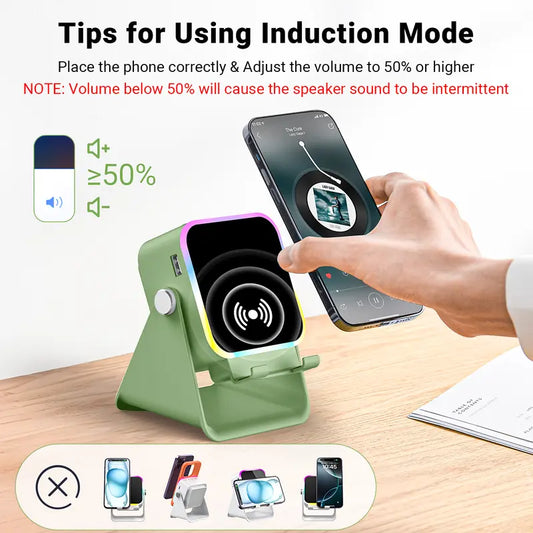 PUTARE Wireless Induction Audio Speaker Stand, 5In1 Cellphone Holder, 3500Mah Rechargeable Emergency Power Bank,360° Adjustable Mobile Tablet Stand with Colorful Ambient Light Gifts for Men Women,