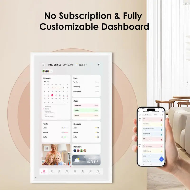 Smart Digital Wall Electronic Calendar - IPS HD Touchscreen, Weather Info, Bidirectional Operation, Color Differentiation, Customized Views, Family Dinner Plan Planner, Camera Accessory with Photo Frame Functionality