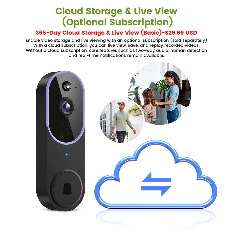 Wireless Video Doorbell Camera - 1080P Smart Outdoor Camera Security Gadget with AI Human Detection, 6 IR Night Vision, Instant Alerts on Phone, 2-Way Audio, 2.4G Wifi Only, Easy Installation, Rechargeable Battery, Cloud Storage, Home Protection