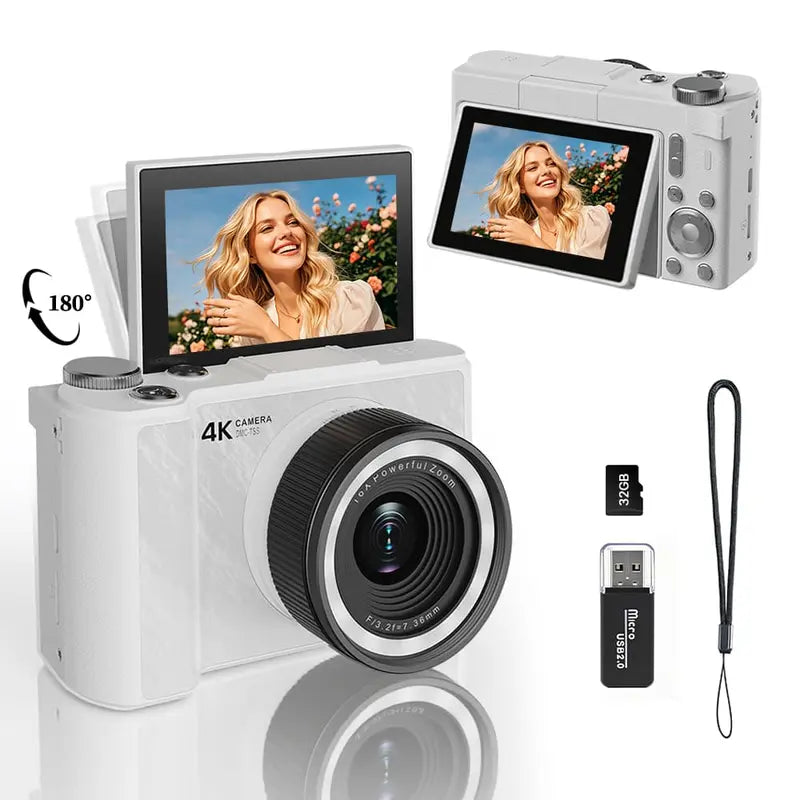 2026 Digital Camera for Photography, Foldable Screen Portable Vlogging Camera with 32GB SD Card, Wrist Strap, Self Timer, Smooth Video Vlogging Camera, Ideal Gift for Girls, Boys Teenagers, and Beginners, Birthday Christmas Back to School Gift for Her
