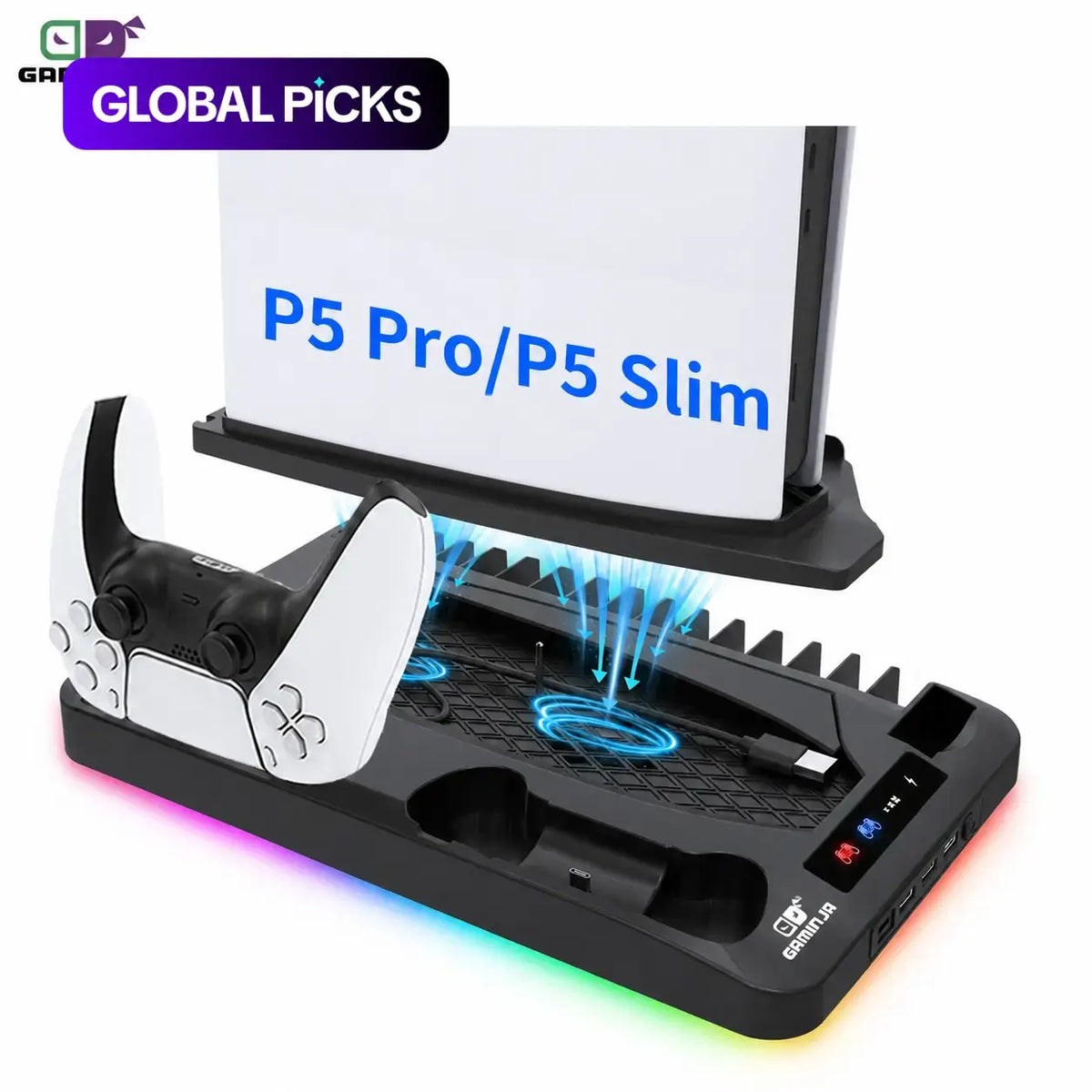 GAMINJA P58 Charging Base Cooling Bracket Compatible with PS5 Console, Vertical Stand Cooling Fan, Multi-Functional Cooling & Charging Station for PS5 Slim Pro All Model Universal #GLOBAL PICKS