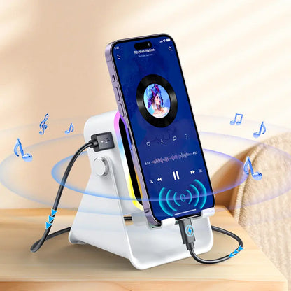 PUTARE Wireless Induction Audio Speaker Stand, 5In1 Cellphone Holder, 3500Mah Rechargeable Emergency Power Bank,360° Adjustable Mobile Tablet Stand with Colorful Ambient Light Gifts for Men Women,