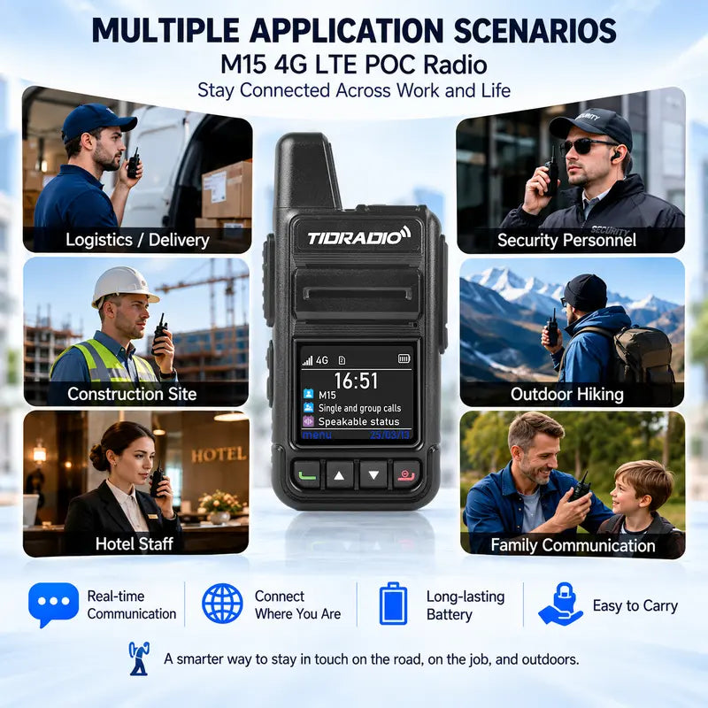 TIDRADIO M15 4G LTE POC Walkie Talkie with SIM Card and Data Service Included, Wide-Area Push-To-Talk over Supported Networks, 3000Mah Battery, USB-C Charging
