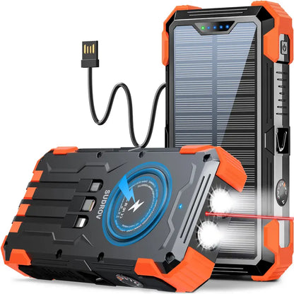 Sudrov 42800Mah Solar Rechargeable Battery Power Bank Charger - 15W Fast Boost, Built-In 4 Cables, 7 Outputs, 3 Inputs, Wireless Charging, Dustproof, Dual Flashlights, Carabiner, Thermometer for Smartphones & Phone Accessories (Tiktok Shop Back to School)