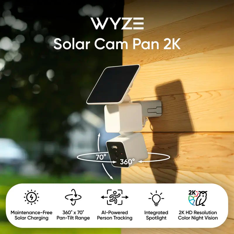 Wyze Solar Cam Pan 2K — Battery Solar Powered 2K HD WDR Security Camera W/ 360º X 70º Pan Tilt Zoom (PTZ), AI Motion Tracking, Color Night Vision, Wifi, IP65 Weather Resistance
