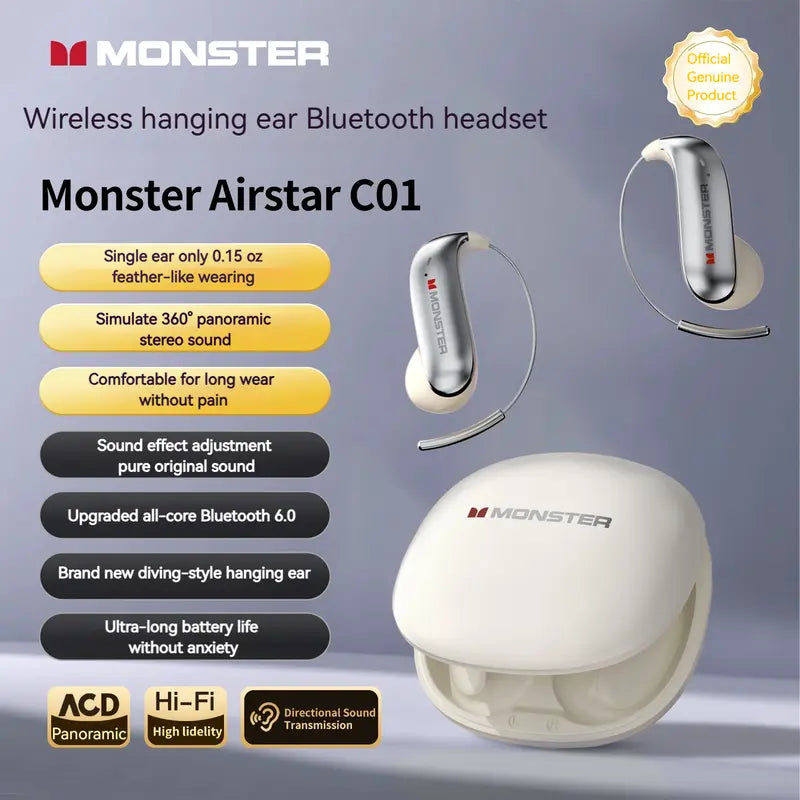 Monster Smart Wireless Bluetooth 6.0 Earbuds - 0-Gravity Titanium Earhook, Sturdy Noise Free, Light Weight Earbuds, 145H Playtime, Waterproof, Sweatproof Audios Cool Gadgets for Gym, Gift Ideas