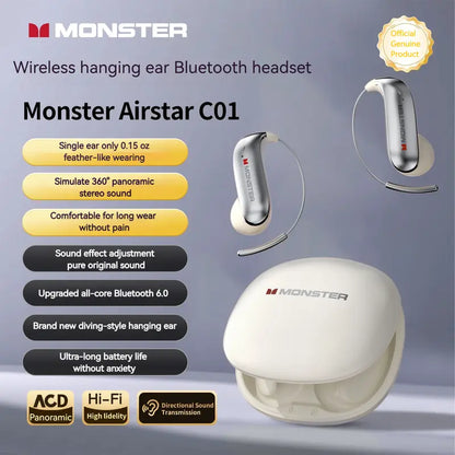 Monster Smart Wireless Bluetooth 6.0 Earbuds - 0-Gravity Titanium Earhook, Sturdy Noise Free, Light Weight Earbuds, 145H Playtime, Waterproof, Sweatproof Audios Cool Gadgets for Gym, Gift Ideas