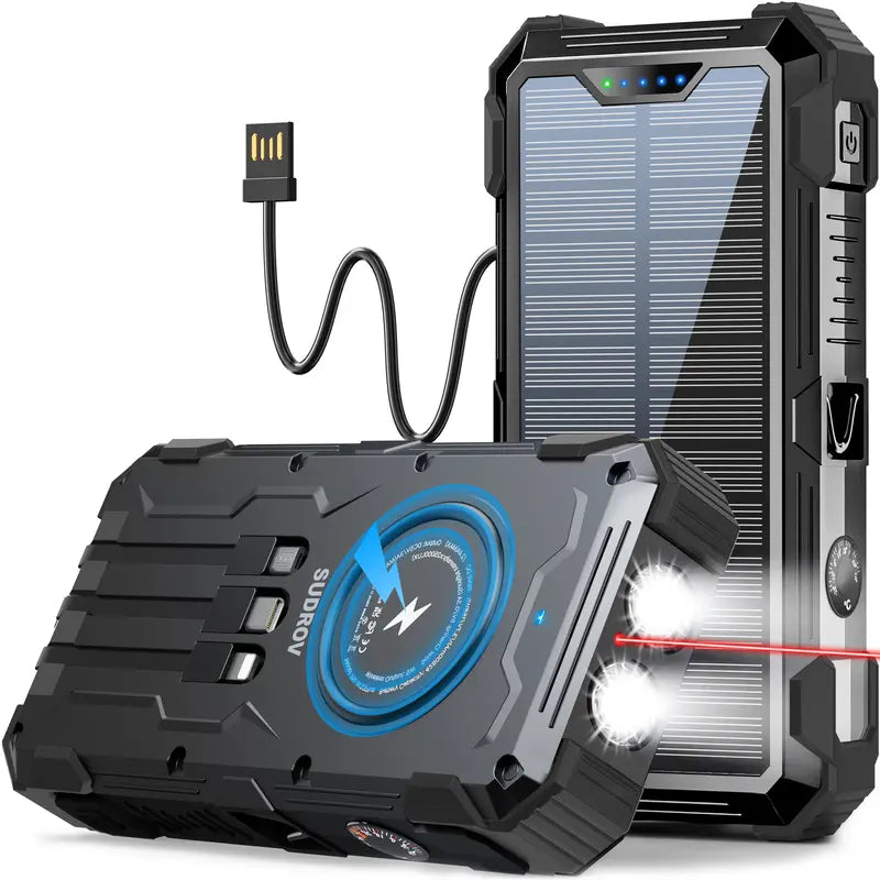 Sudrov 42800Mah Solar Rechargeable Battery Power Bank Charger - 15W Fast Boost, Built-In 4 Cables, 7 Outputs, 3 Inputs, Wireless Charging, Dustproof, Dual Flashlights, Carabiner, Thermometer for Smartphones & Phone Accessories (Tiktok Shop Back to School)
