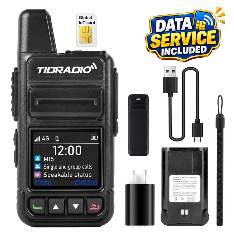 TIDRADIO M15 4G LTE POC Walkie Talkie with SIM Card and Data Service Included, Wide-Area Push-To-Talk over Supported Networks, 3000Mah Battery, USB-C Charging