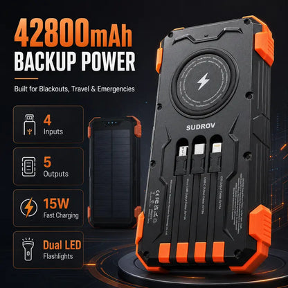 Sudrov 42800Mah Solar Rechargeable Battery Power Bank Charger - 15W Fast Boost, Built-In 4 Cables, 7 Outputs, 3 Inputs, Wireless Charging, Dustproof, Dual Flashlights, Carabiner, Thermometer for Smartphones & Phone Accessories (Tiktok Shop Back to School)
