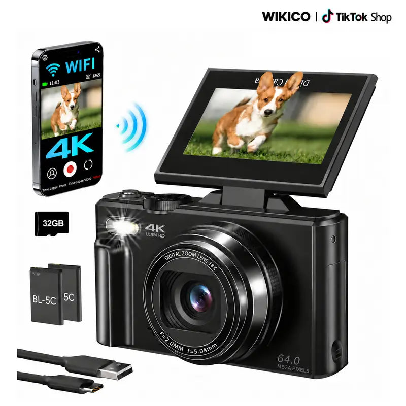 WIKICO Point and Shoot Digital Camera - 4K, 64MP, 3-Inch 180° Flip Screen, 18X Digital Zoom, 32GB Micro SD Card, 2 Batteries, Speaker, Lanyard, Vlogging Camera for Adults, Teen Boy Gift, BF Birthday Gifts