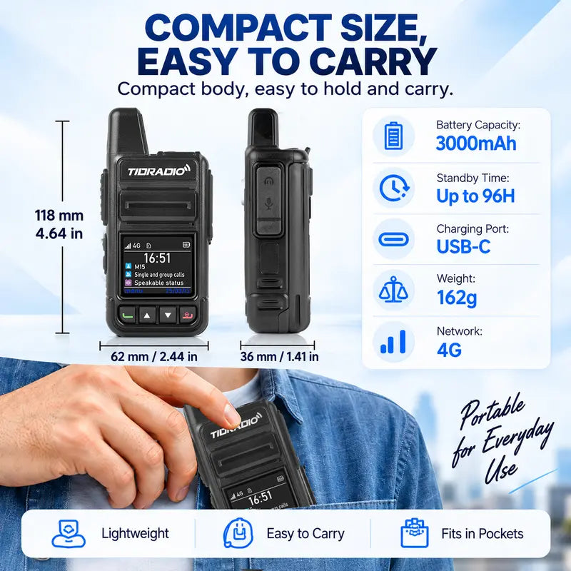 TIDRADIO M15 4G LTE POC Walkie Talkie with SIM Card and Data Service Included, Wide-Area Push-To-Talk over Supported Networks, 3000Mah Battery, USB-C Charging