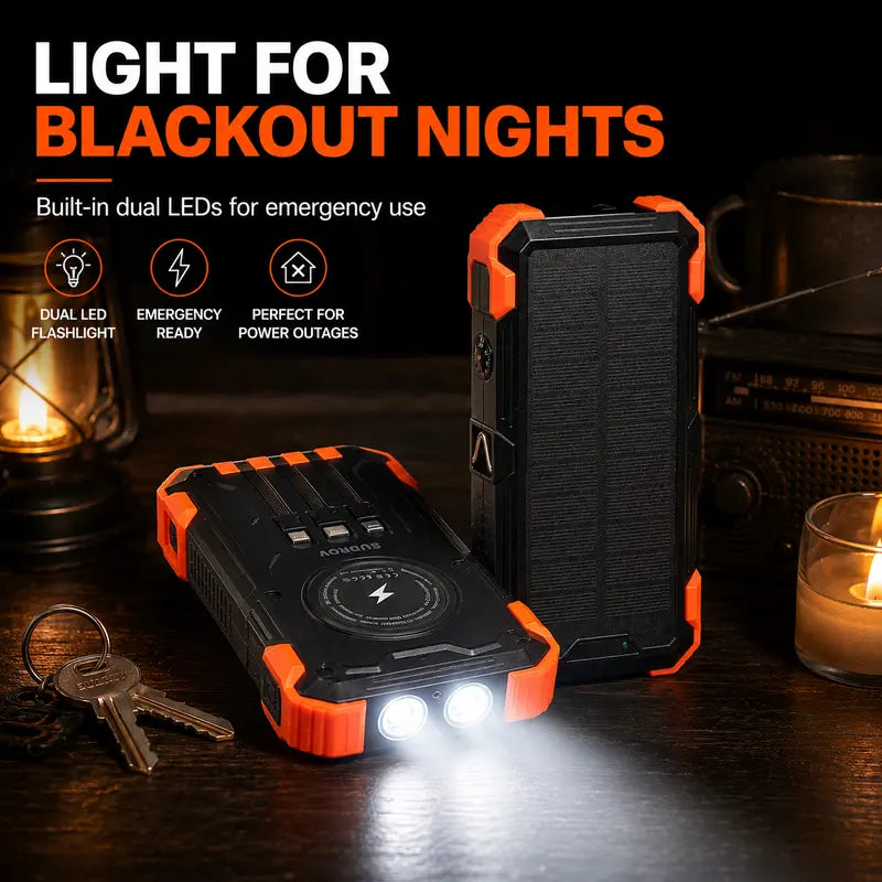 Sudrov 42800Mah Solar Rechargeable Battery Power Bank Charger - 15W Fast Boost, Built-In 4 Cables, 7 Outputs, 3 Inputs, Wireless Charging, Dustproof, Dual Flashlights, Carabiner, Thermometer for Smartphones & Phone Accessories (Tiktok Shop Back to School)