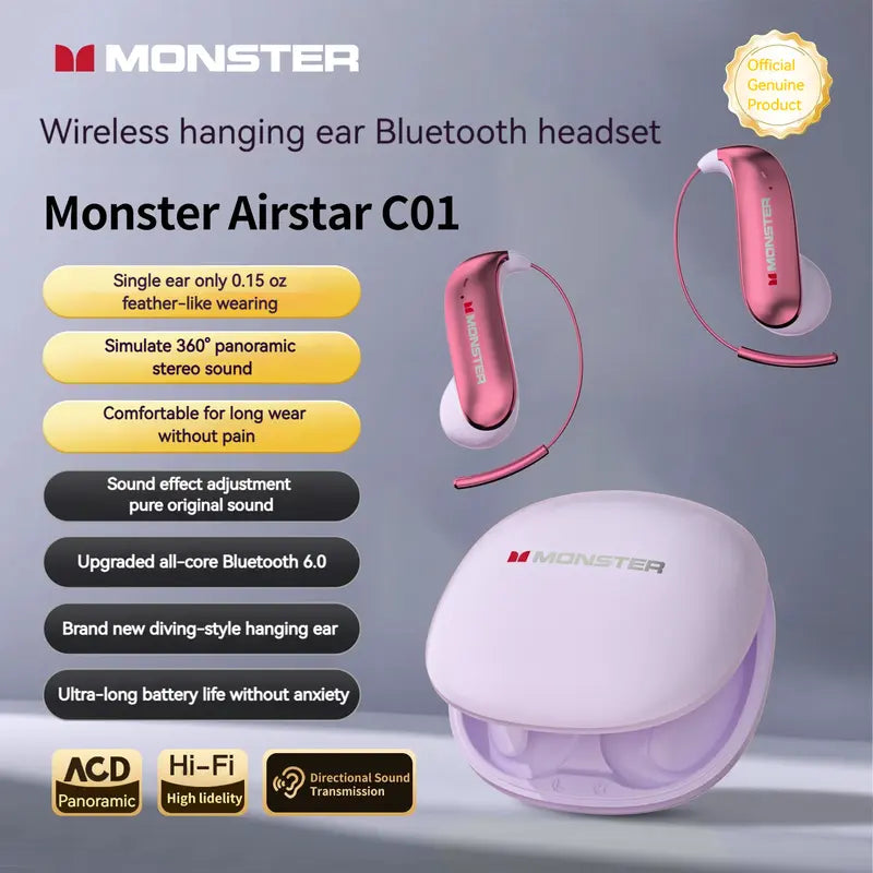 Monster Smart Wireless Bluetooth 6.0 Earbuds - 0-Gravity Titanium Earhook, Sturdy Noise Free, Light Weight Earbuds, 145H Playtime, Waterproof, Sweatproof Audios Cool Gadgets for Gym, Gift Ideas