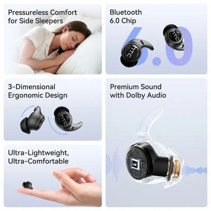 HTC NE76 Bluetooth 6.0 Wireless Earbuds - Metal In-Ear Mini Invisible Flat-Head Headset with 20Khz Audio, Lithium-Ion Batteries, Noise Isolation, No Ear Pressure for Side Sleepers, Travel-Friendly Phone Accessory
