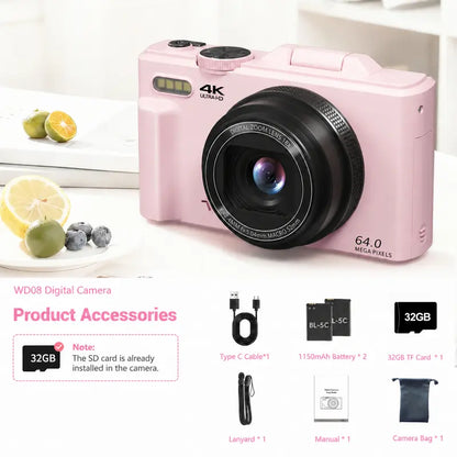WIKICO Point and Shoot Digital Camera - 4K, 64MP, 3-Inch 180° Flip Screen, 18X Digital Zoom, 32GB Micro SD Card, 2 Batteries, Speaker, Lanyard, Vlogging Camera for Adults, Teen Boy Gift, BF Birthday Gifts
