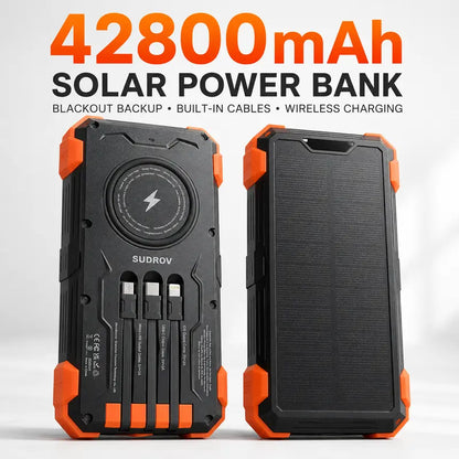 Sudrov 42800Mah Solar Rechargeable Battery Power Bank Charger - 15W Fast Boost, Built-In 4 Cables, 7 Outputs, 3 Inputs, Wireless Charging, Dustproof, Dual Flashlights, Carabiner, Thermometer for Smartphones & Phone Accessories (Tiktok Shop Back to School)