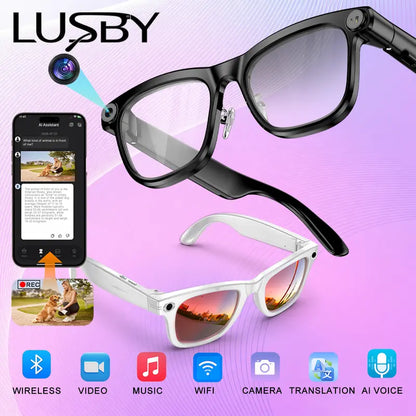 LUSBY Multifunctional Smart Glasses with Camera - Larger Frame, 1080P Photochromic Lenses, Button-Touch Adjustment, 160+ Languages Real-Time Translation, Bluetooth Recording, UV Protection, Climbing Cool Gadget, Mens Birthday Gifts for Him
