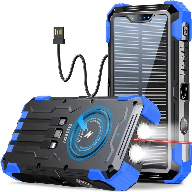 Sudrov 42800Mah Solar Rechargeable Battery Power Bank Charger - 15W Fast Boost, Built-In 4 Cables, 7 Outputs, 3 Inputs, Wireless Charging, Dustproof, Dual Flashlights, Carabiner, Thermometer for Smartphones & Phone Accessories (Tiktok Shop Back to School)