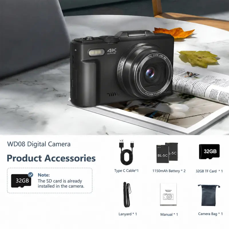 WIKICO Point and Shoot Digital Camera - 4K, 64MP, 3-Inch 180° Flip Screen, 18X Digital Zoom, 32GB Micro SD Card, 2 Batteries, Speaker, Lanyard, Vlogging Camera for Adults, Teen Boy Gift, BF Birthday Gifts