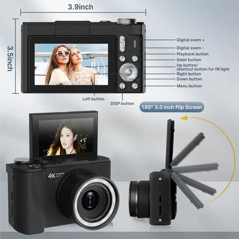 2026 Digital Camera for Photography, Foldable Screen Portable Vlogging Camera with 32GB SD Card, Wrist Strap, Self Timer, Smooth Video Vlogging Camera, Ideal Gift for Girls, Boys Teenagers, and Beginners, Birthday Christmas Back to School Gift for Her