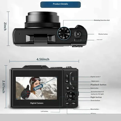 WIKICO Point and Shoot Digital Camera - 4K, 64MP, 3-Inch 180° Flip Screen, 18X Digital Zoom, 32GB Micro SD Card, 2 Batteries, Speaker, Lanyard, Vlogging Camera for Adults, Teen Boy Gift, BF Birthday Gifts
