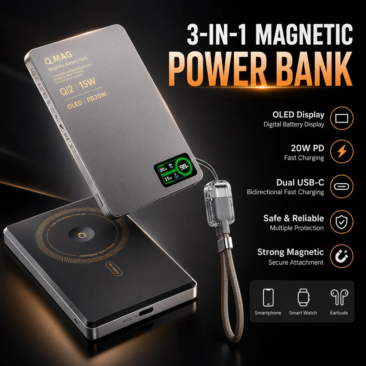 Wireless Magnetic Powerbank  for iPhone 12-17 Promax, Watch, and Airpods 5000/10000mAh