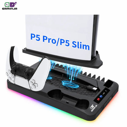GAMINJA P58 Charging Base Cooling Bracket Compatible with PS5 Console, Vertical Stand Cooling Fan, Multi-Functional Cooling & Charging Station for PS5 Slim Pro All Model Universal #GLOBAL PICKS