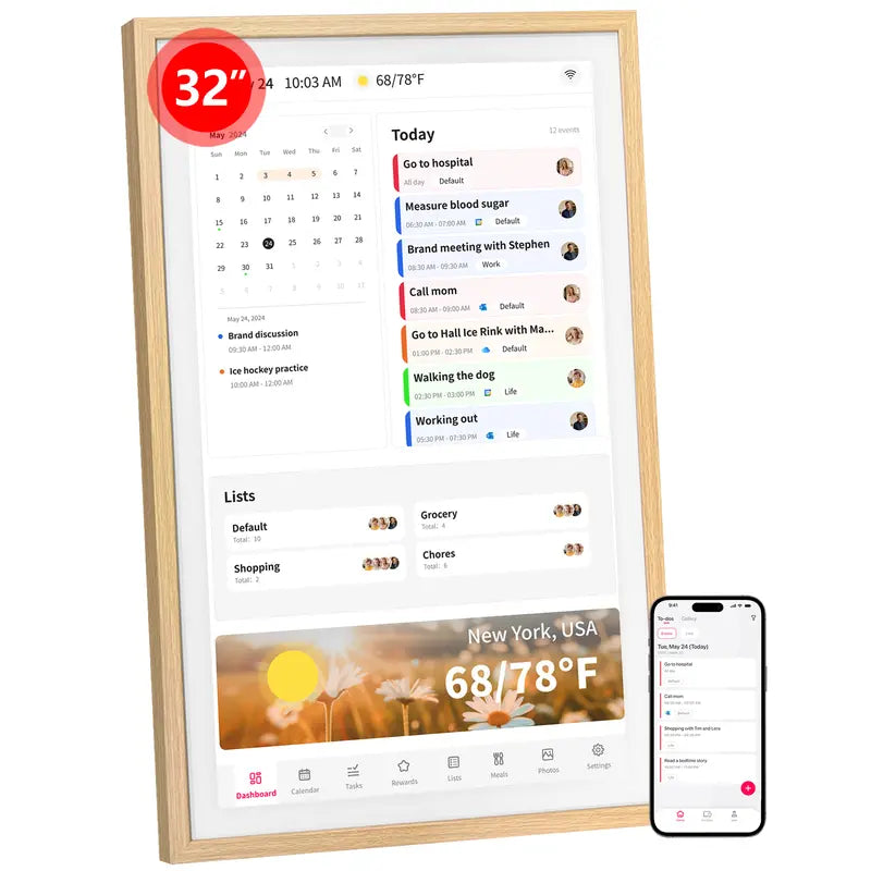 Smart Digital Wall Electronic Calendar - IPS HD Touchscreen, Weather Info, Bidirectional Operation, Color Differentiation, Customized Views, Family Dinner Plan Planner, Camera Accessory with Photo Frame Functionality