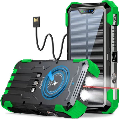 Sudrov 42800Mah Solar Rechargeable Battery Power Bank Charger - 15W Fast Boost, Built-In 4 Cables, 7 Outputs, 3 Inputs, Wireless Charging, Dustproof, Dual Flashlights, Carabiner, Thermometer for Smartphones & Phone Accessories (Tiktok Shop Back to School)
