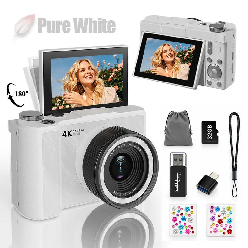 2026 Digital Camera for Photography, Foldable Screen Portable Vlogging Camera with 32GB SD Card, Wrist Strap, Self Timer, Smooth Video Vlogging Camera, Ideal Gift for Girls, Boys Teenagers, and Beginners, Birthday Christmas Back to School Gift for Her
