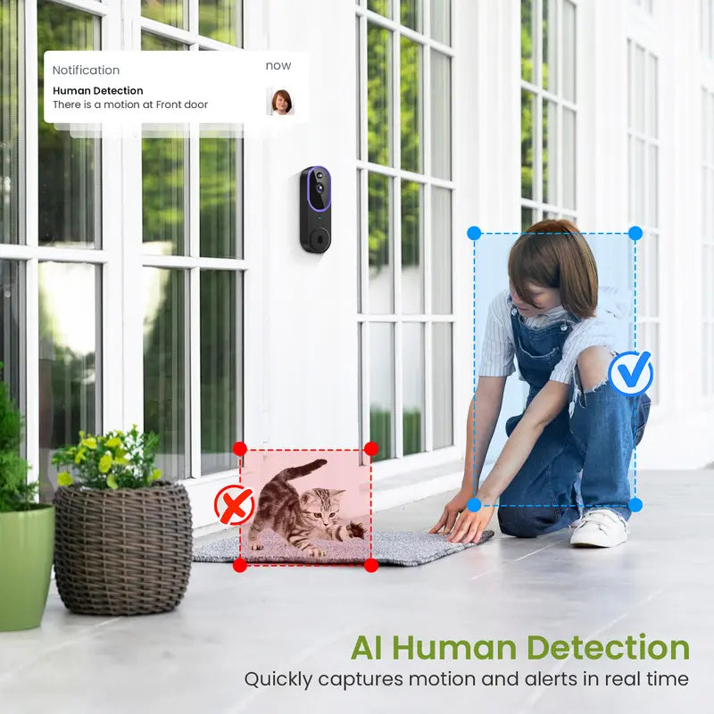Wireless Video Doorbell Camera - 1080P Smart Outdoor Camera Security Gadget with AI Human Detection, 6 IR Night Vision, Instant Alerts on Phone, 2-Way Audio, 2.4G Wifi Only, Easy Installation, Rechargeable Battery, Cloud Storage, Home Protection