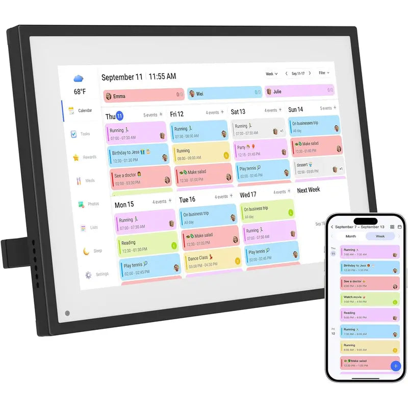 Smart Digital Wall Electronic Calendar - IPS HD Touchscreen, Weather Info, Bidirectional Operation, Color Differentiation, Customized Views, Family Dinner Plan Planner, Camera Accessory with Photo Frame Functionality