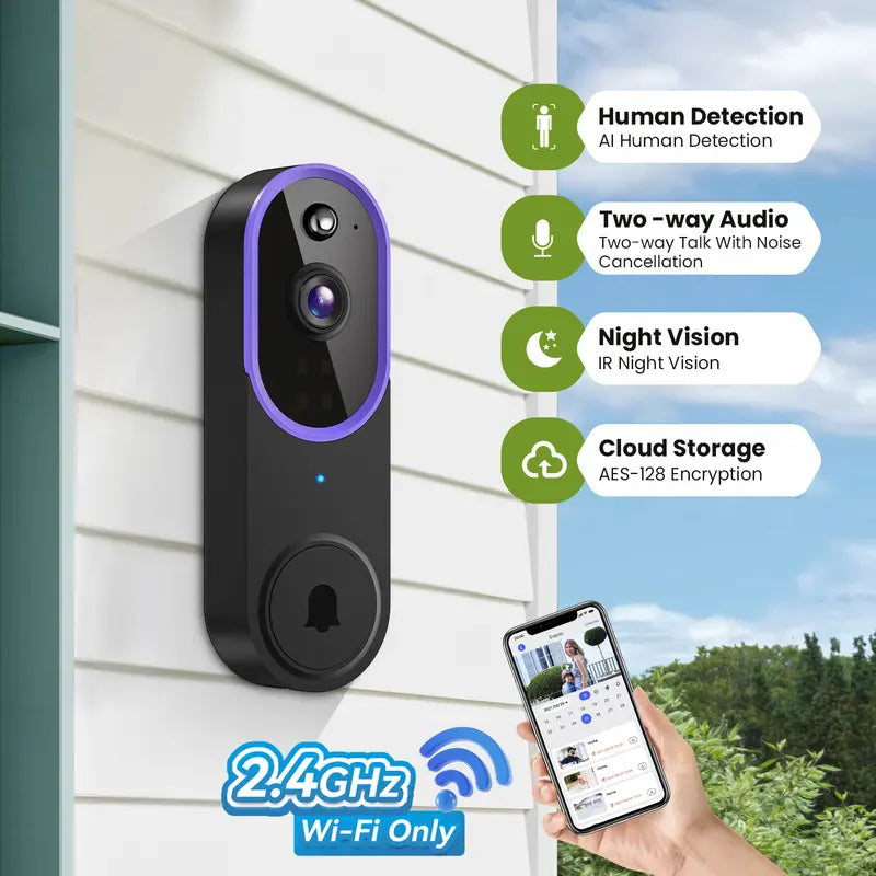 Wireless Video Doorbell Camera - 1080P Smart Outdoor Camera Security Gadget with AI Human Detection, 6 IR Night Vision, Instant Alerts on Phone, 2-Way Audio, 2.4G Wifi Only, Easy Installation, Rechargeable Battery, Cloud Storage, Home Protection
