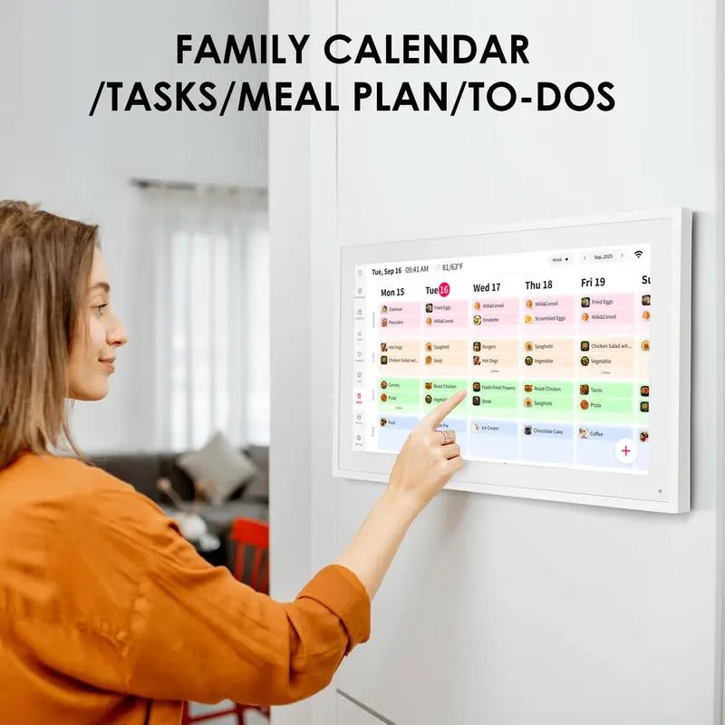 Smart Digital Wall Electronic Calendar - IPS HD Touchscreen, Weather Info, Bidirectional Operation, Color Differentiation, Customized Views, Family Dinner Plan Planner, Camera Accessory with Photo Frame Functionality