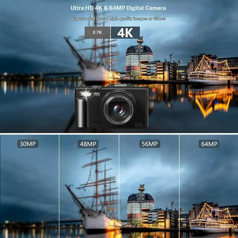 WIKICO Point and Shoot Digital Camera - 4K, 64MP, 3-Inch 180° Flip Screen, 18X Digital Zoom, 32GB Micro SD Card, 2 Batteries, Speaker, Lanyard, Vlogging Camera for Adults, Teen Boy Gift, BF Birthday Gifts
