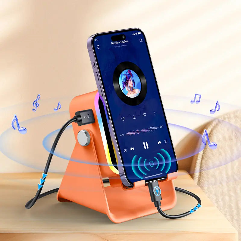 PUTARE Wireless Induction Audio Speaker Stand, 5In1 Cellphone Holder, 3500Mah Rechargeable Emergency Power Bank,360° Adjustable Mobile Tablet Stand with Colorful Ambient Light Gifts for Men Women,