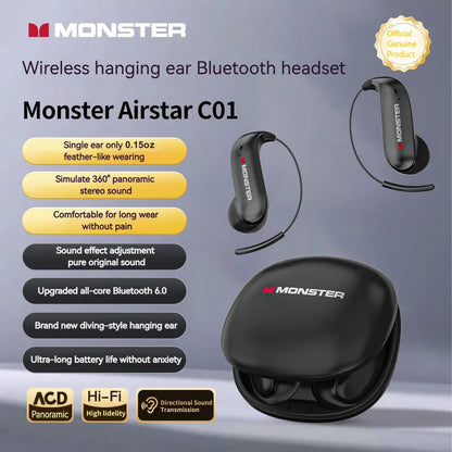 Monster Smart Wireless Bluetooth 6.0 Earbuds - 0-Gravity Titanium Earhook, Sturdy Noise Free, Light Weight Earbuds, 145H Playtime, Waterproof, Sweatproof Audios Cool Gadgets for Gym, Gift Ideas
